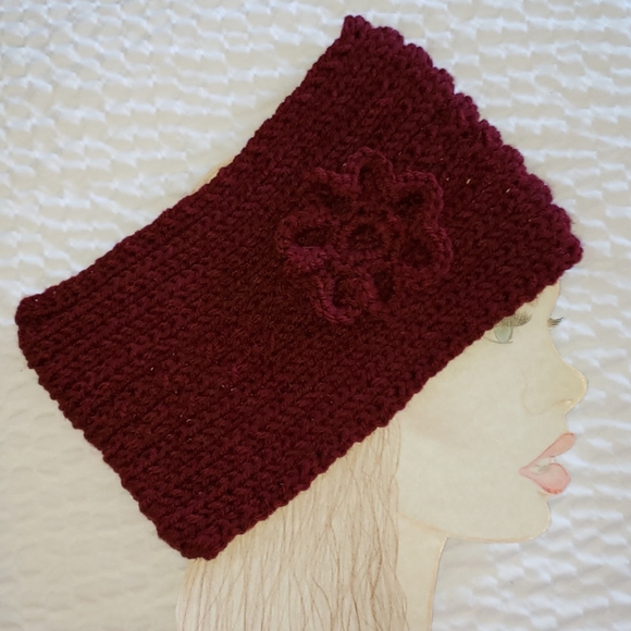 Burgundy Headband. Knitted Ear Warmer. Cold Winter - Picture 2 of 6